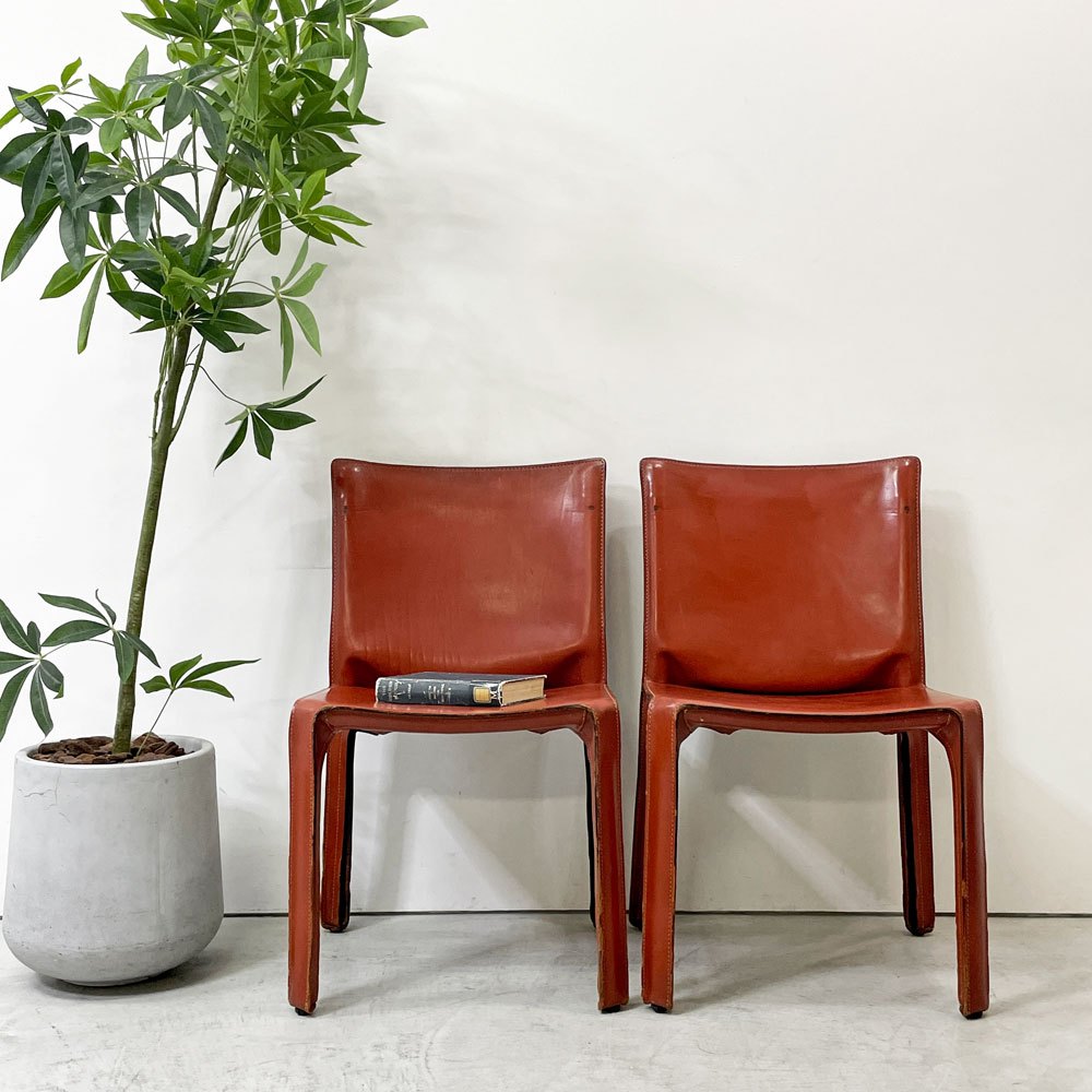 カッシーナ Cassina キャブチェア 412 CAB CHAIR アームレス 最高級本革 赤茶 マリオ・ベリーニ MoMA 永久展示品 イタリアモダン A ●