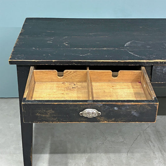 UKビンテージ UK Vintage ワークテーブル ダイニングテーブル 作業台 3ドロワー ブラックペイント W180cm 鍵付き 英国家具店舗什器 ◎
