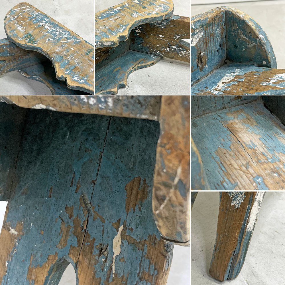 UKビンテージ UK Vintage ミルキングスツール ウッドスツール パイン材 ペインテッド ブルー シャビーシック ●