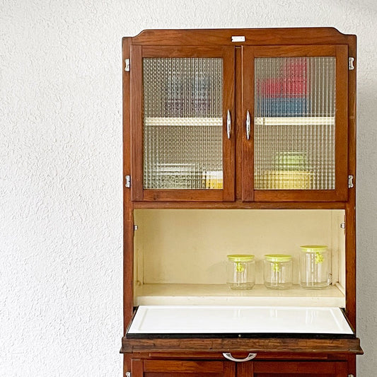 UKビンテージ TENAX キッチンボード キャビネット カップボード 食器棚 チェッカーガラス オーク材 Vintage 英国家具 ◇