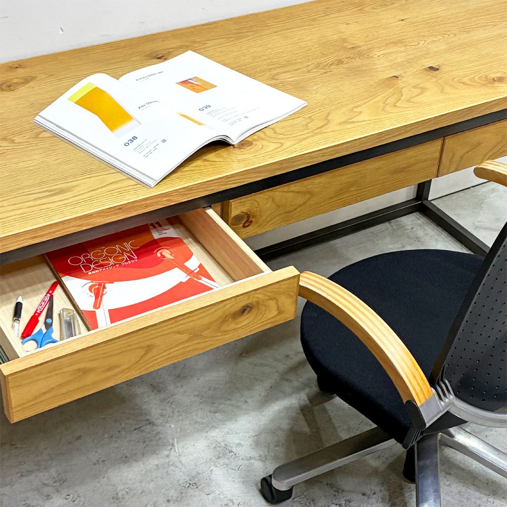 コッコレ coccole デスク n26297 オーク材 × スチール 抽斗3杯 作業台 デスク W150cm インダストリアルデザイン 廃番 ●
