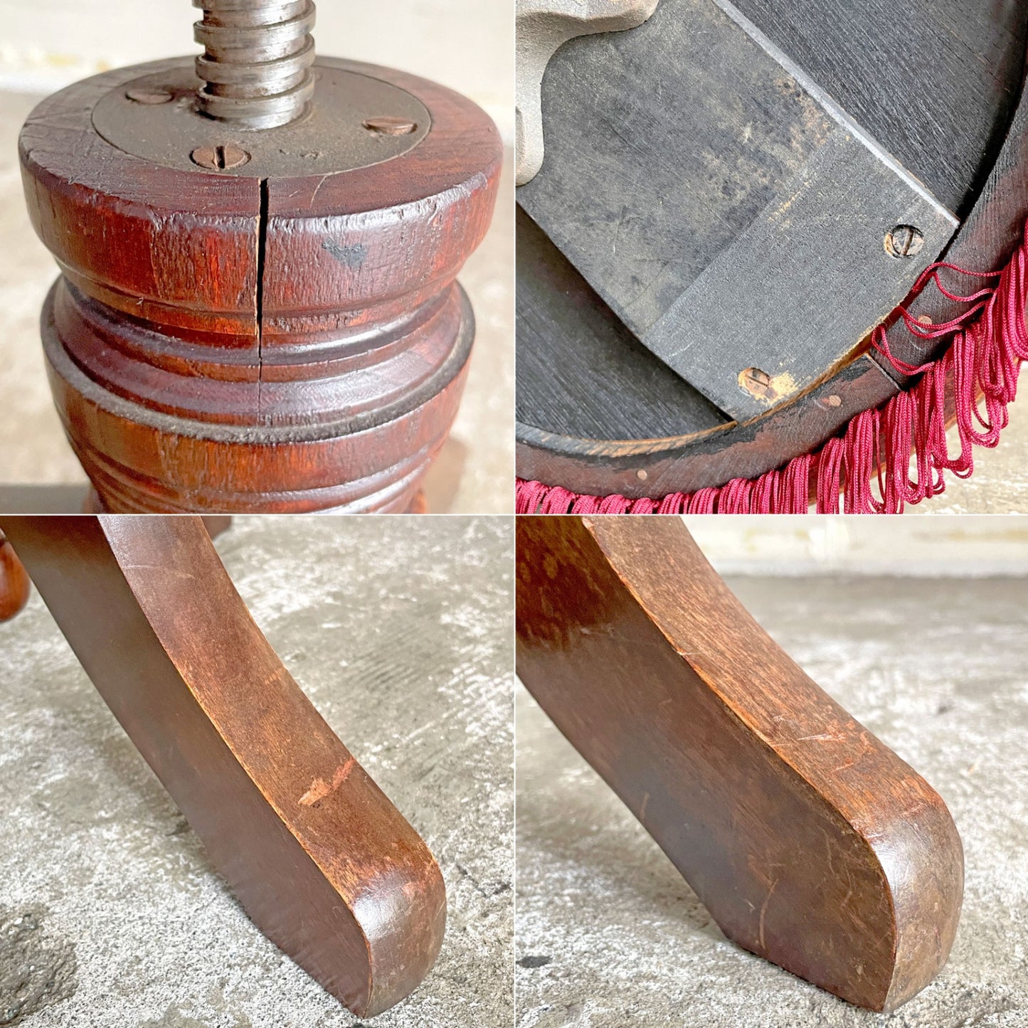 ビンテージ vintage ピアノ椅子 丸椅子 スツール レッド ベロア座面 高さ調節可能 クラシカル レトロスタイル ■