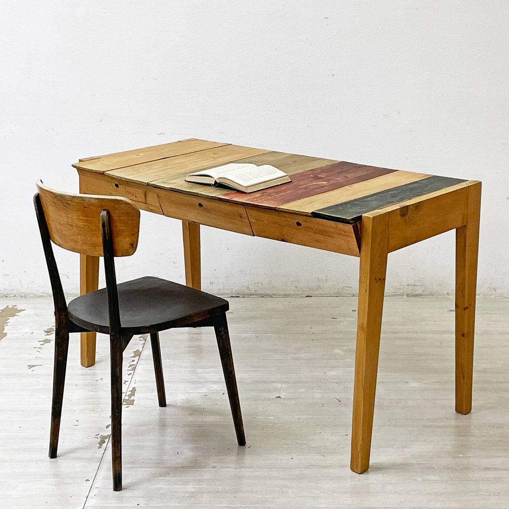 ビンテージスタイル Vintage Style ワークデスク 作業台 W125cm 抽斗3杯 無垢材 ペイント シャビー ハンドメイド クラフト ●