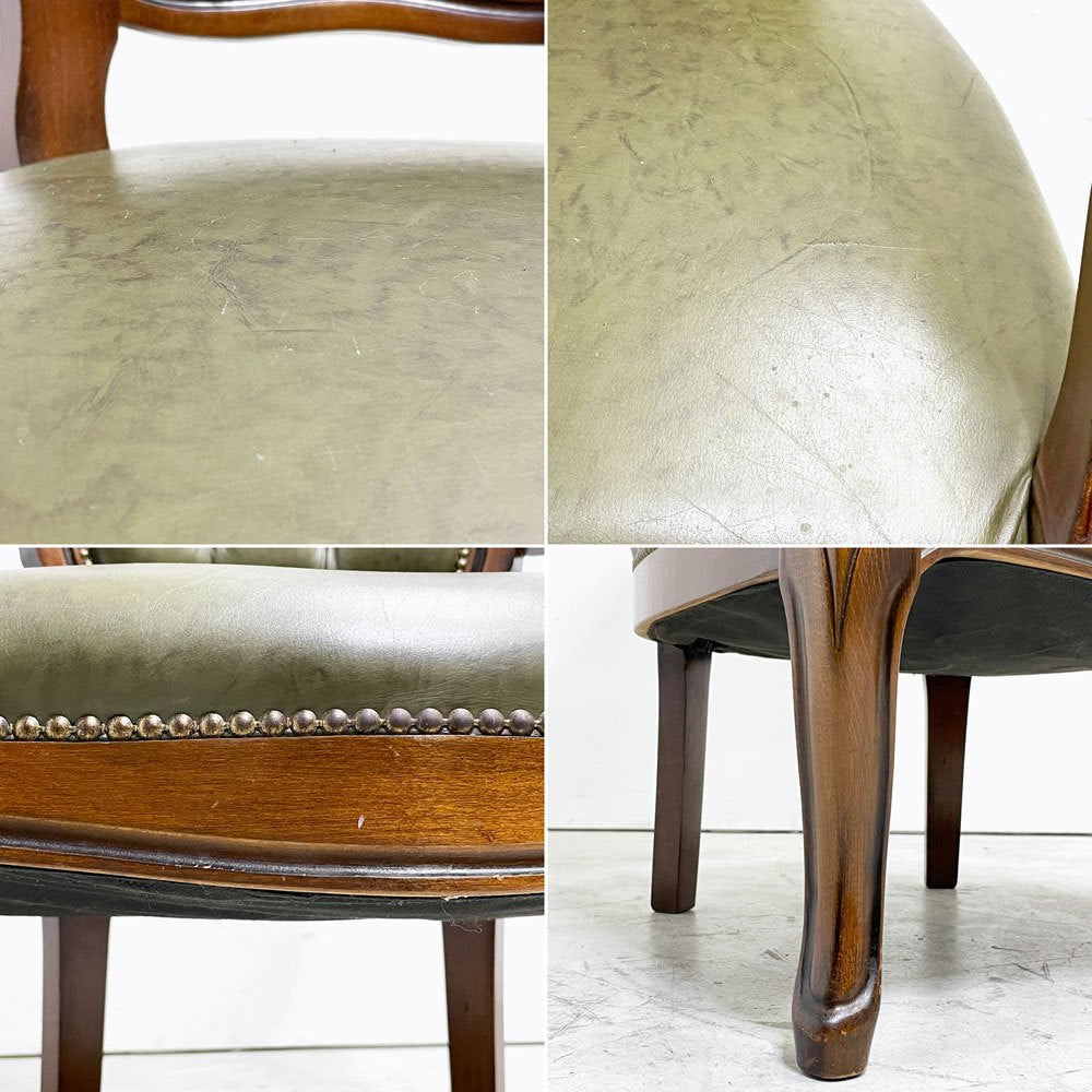 クラシカルデザイン Classical Design サロンチェア アームチェア ラウンジチェア 木彫 PVCレザー グリーン系 猫脚 アンティーク調 イタリア製 ●