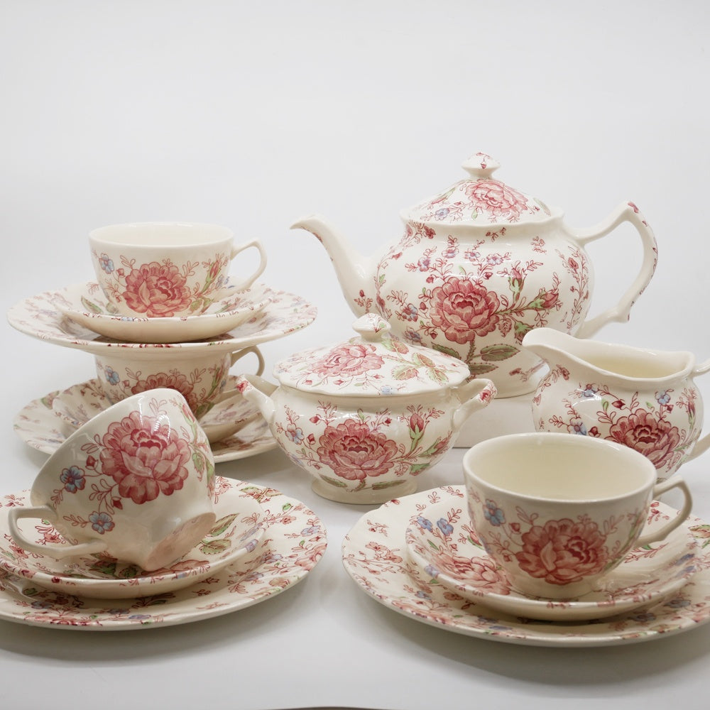 ジョンソンブラザーズ JOHNSON BROTHERS ローズチンツ ROSE CHINZ アフタヌーンティー カップ&ソーサー+プレート トリオセット 薔薇 バラ ピンク 英国 UKビンテージ B ●