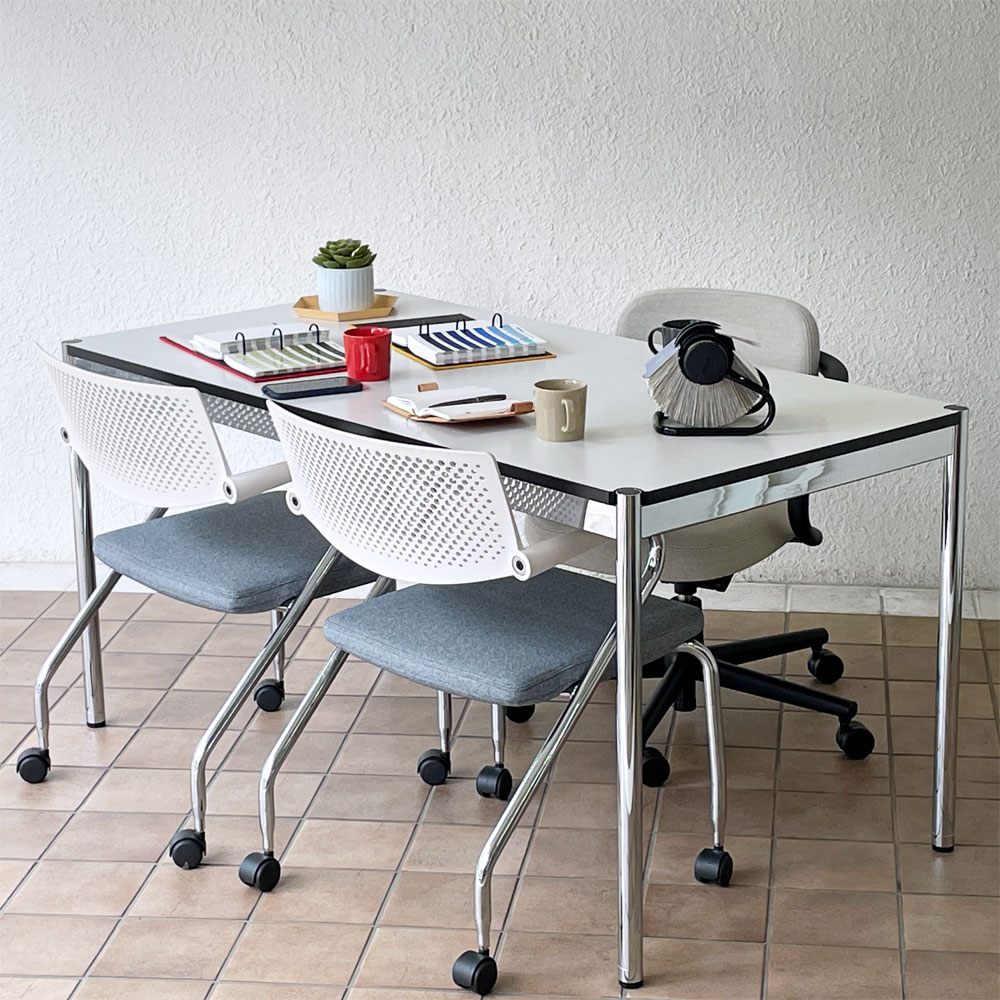 USMモジュラーファニチャー USM Haller USMハラーテーブル ワーキングデスク ダイニングテーブル パールグレーラミネート W150×D75×H74cm アジャスター 高さ調整リング付き+H2cm ◇