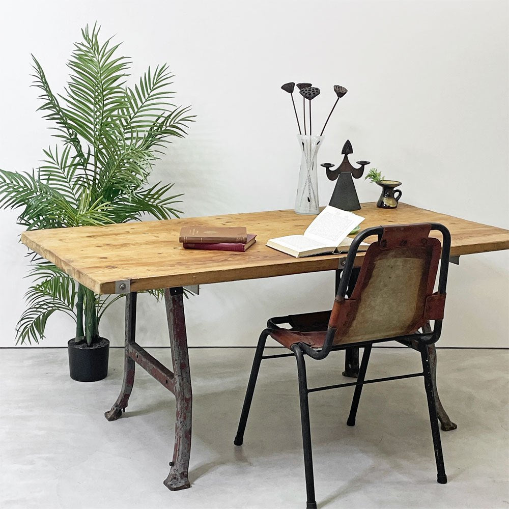 ビンテージ Vintage ワークテーブル アイアン×古材天板 ファクトリーテーブル 作業台 店舗什器 リメイク家具 インダストリアル ●