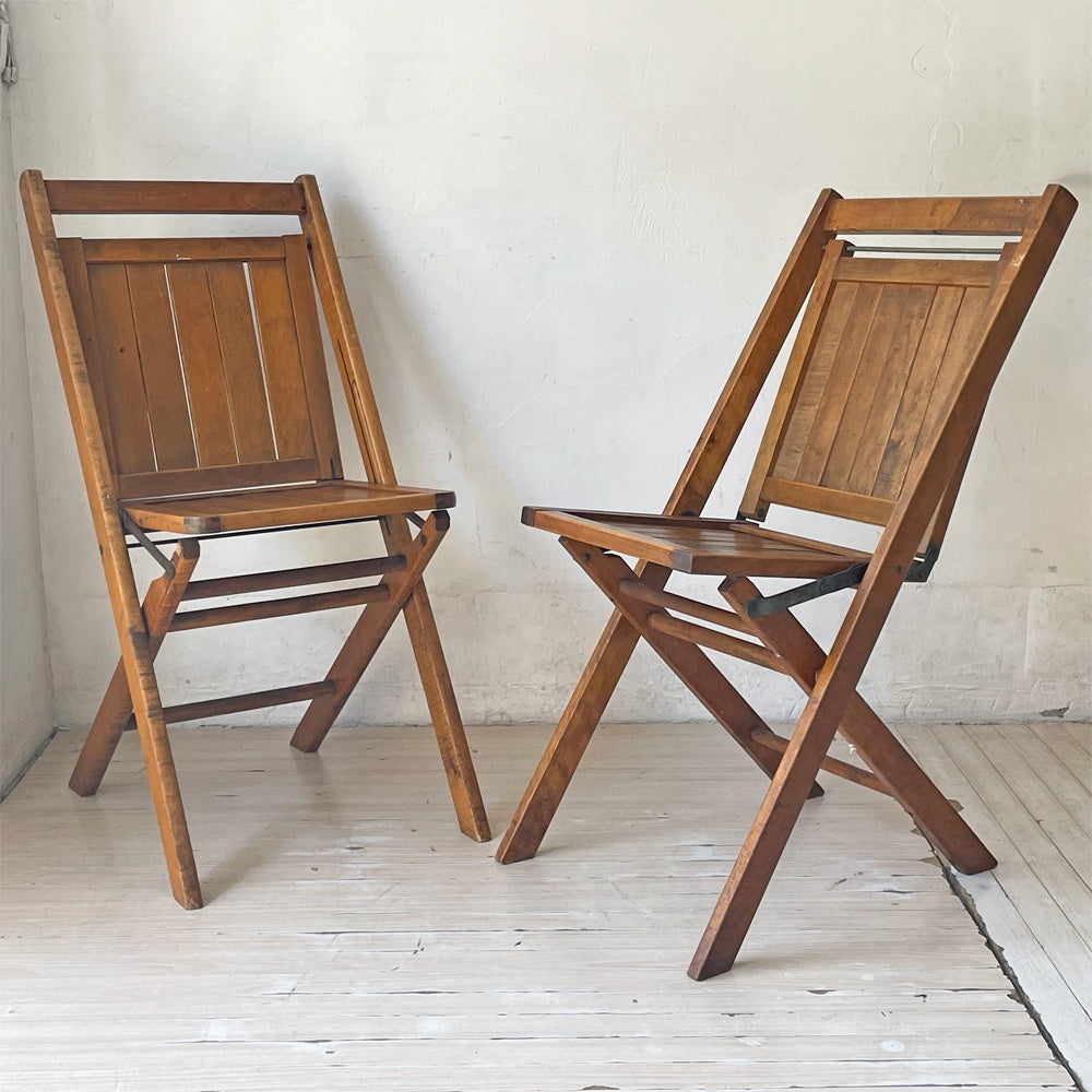 US ビンテージ スラットバック フォールディングチェア 折り畳み椅子 木味 カントリー アンティーク 米国 B ★