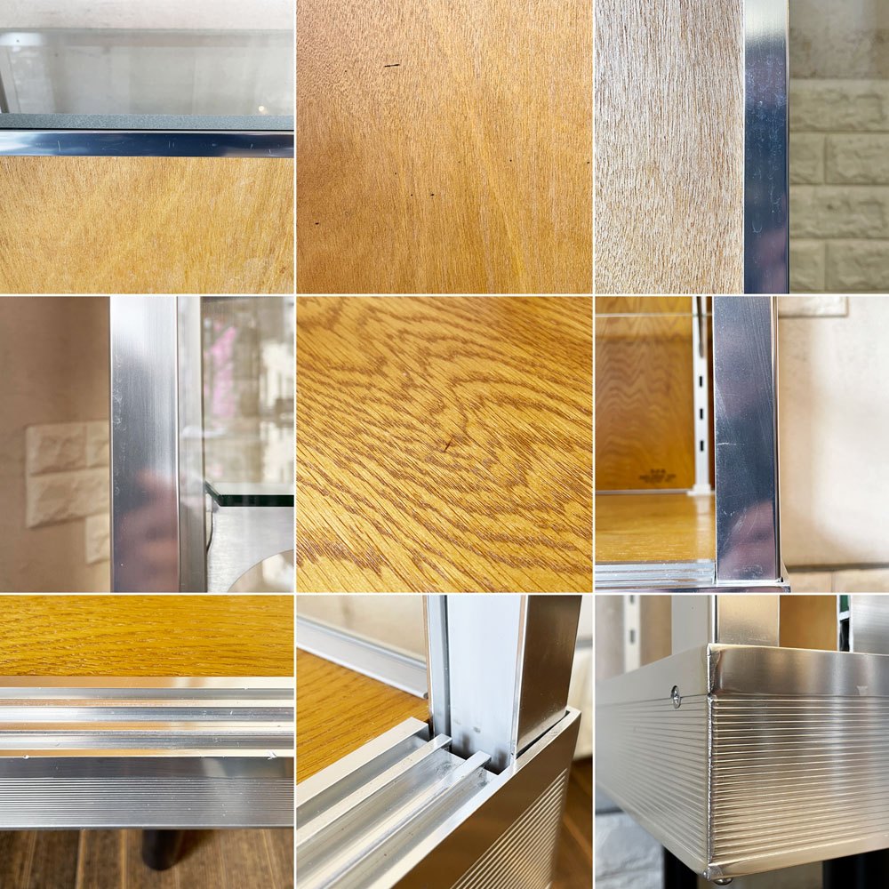 パシフィックファニチャーサービス PACIFIC FURNITURE SERVICE P.F.S. アルミナム ALUMINIUM GLASS CASE ガラスケース AL-60D オーク材 スチール脚 W60cm 定価¥132,000- ◎