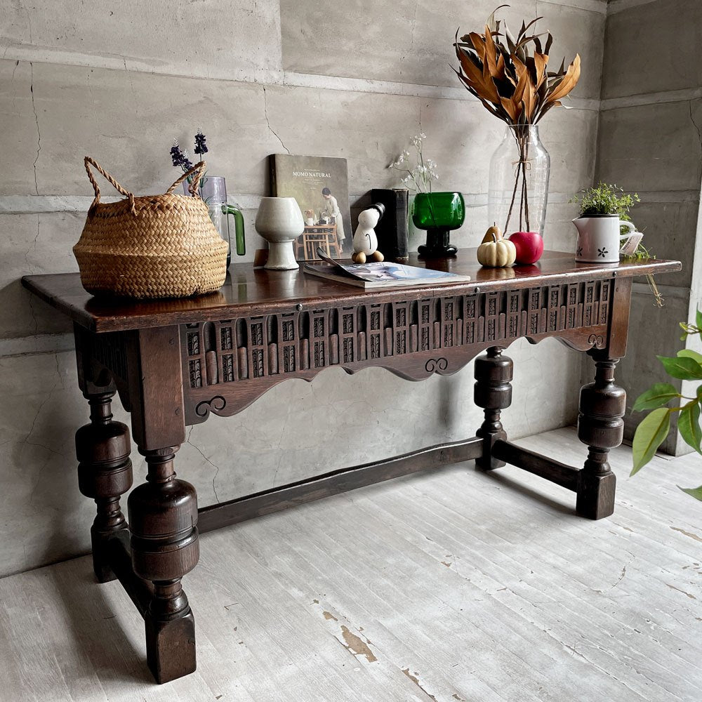 UKアンティーク バルボスレッグ コンソールテーブル レリーフ装飾 オーク無垢材 英国家具 ビンテージ ♪