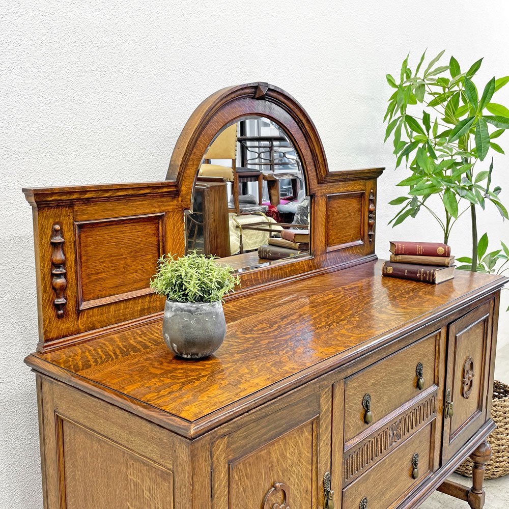 UKビンテージ オーク材 ミラーバック サイドボード Oak Mirror back Sideboard cabinet 英国家具 アンティーク イギリスビンテージ 〓
