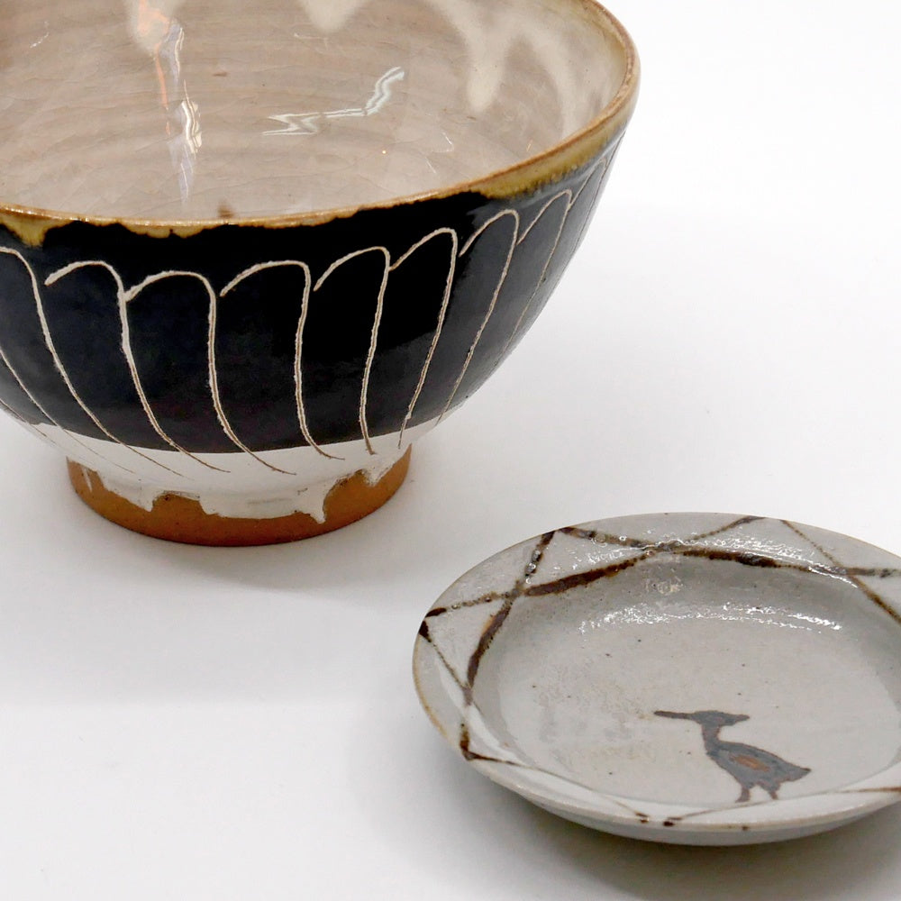 村田森 Shin Murata 黒釉線刻飯碗 茶碗 ボウル 黒釉 陶芸家 現代作家 ●
