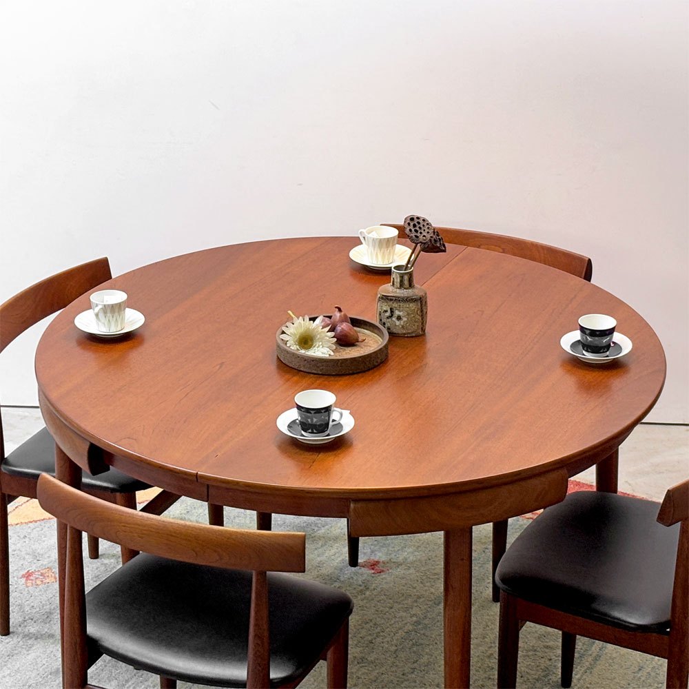 フレムロジェ Frem Rojle ディネッテ Dinette エクステンション ラウンド ダイニングテーブル & ダイニングチェア 4本脚×4脚 計5点セット ハンス・オルセン Hans Olsen 北欧家具 ビンテージ ●