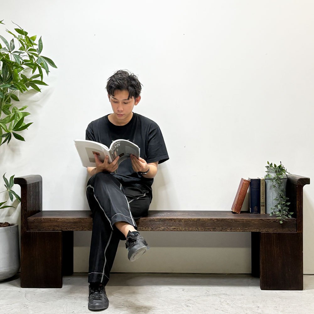 桐里工房 焼桐 ベンチ 桐無垢材 浮造り 大川家具 W176cm 店舗什器 クラフト プリミティブ ●