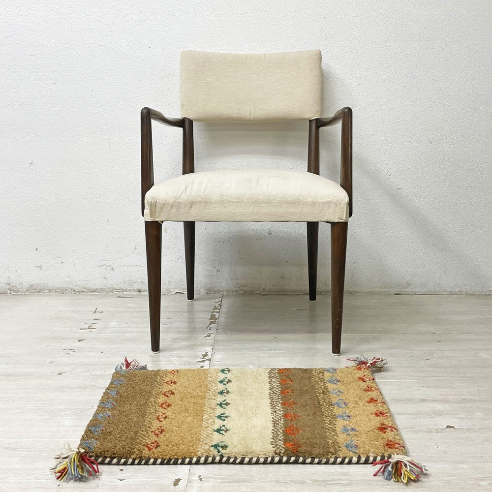イラン製 ギャッベ ラグ 絨毯 玄関マット 手織り ウール100% ブラウン×ホワイト系 62×44cm アクタス購入品 ●