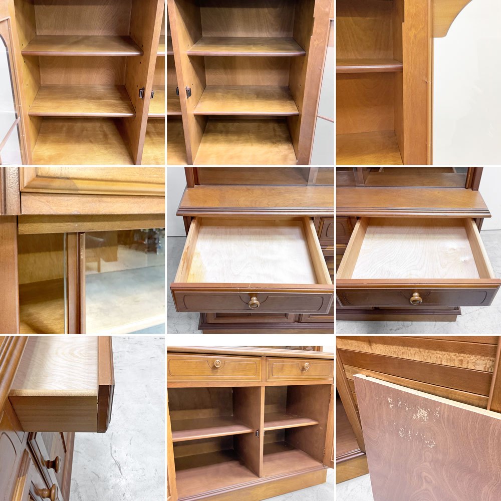 カントリースタイル Country Style カップボード キャビネット 食器棚 ガラス扉 ガラス引き戸 木製2ドア 抽斗2杯 クラシカルデザイン ●