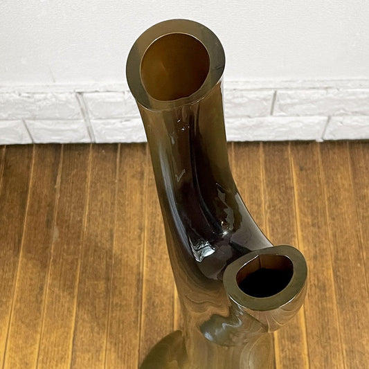 ガラス工房 fresco 辻野剛 ビッグフラワーベース 二口タイプ モスグリーンガラス 現代作家 ◎