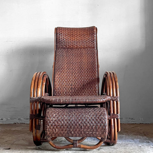 昭和レトロデザイン ラタン製 リクライニングチェア 背もたれ調整 フットレスト付き ■