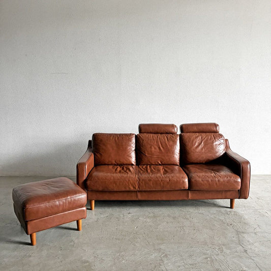 ケユカ KEYUCA クロノ CHRONO カウチソファ 3シーターソファ&オットマン ヘッドレスト2個付 W197cm 本革 ブラウンレザー 廃番 〓