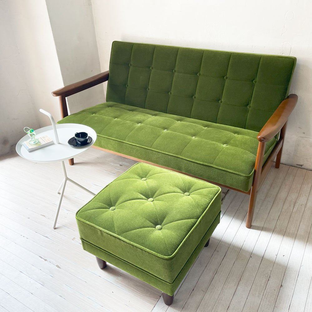 カリモク60 オットマン スツール モケットグリーン Kチェア ロビーチェア ミッドセンチュリー レトロモダン 定価¥34,980- ★