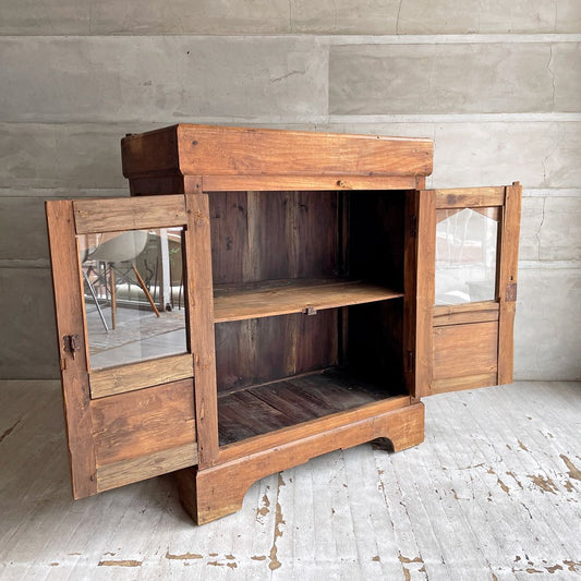 アジアンビンテージ Vintage チーク古材 無垢材 キャビネット ガラス扉 収納棚 ディスプレイラック 飾り棚 ♪