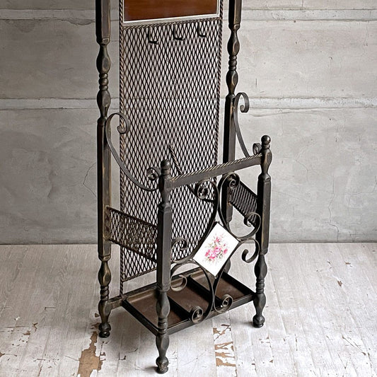 クラシカルデザイン アイアンフレーム アンブレラスタンド ミラー付き ホールスタンド レトロ ♪