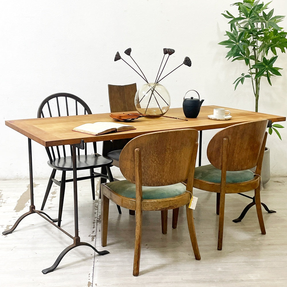 ヨーロッパビンテージ Europe Vintage ダイニングテーブル ワーキングテーブル Handmade Iron Trestles アイアンレッグ インダストリアルデザイン ●