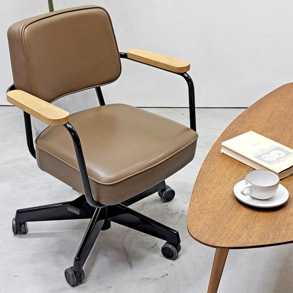 ヴィトラ vitra フォトゥイユ ディレクション ピボタン Fauteuil Direction Pivotant デスクチェア オフィスチェア 本革 ナチュラルオーク 昇降機能 ジャン・プルーヴェ Jean Prouve ●