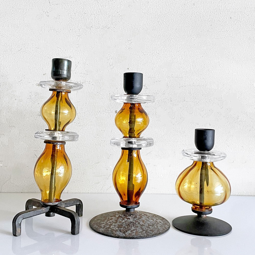 ボダ BODA Erik Höglund エリック・ホグラン 2連 オニオン ガラスキャンドルホルダー 四つ脚 アンバー 60's ビンテージ スウェーデン 北欧雑貨 ■