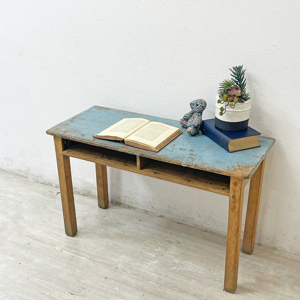 フランスビンテージ French Vintage スクールデスク キッズデスク 学校机 コンソールテーブル 2人掛け ブルーペイント W92cm ●