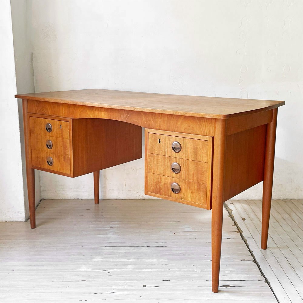 デンマークビンテージ Danish Vintage チーク材 6ドロワー 両袖デスク