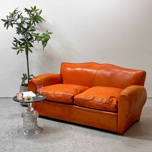 フレンチクラブソファ French Club Sofa 2シーター ソファ 本革 鋲打ち オレンジ アールデコスタイル ビンテージ ●