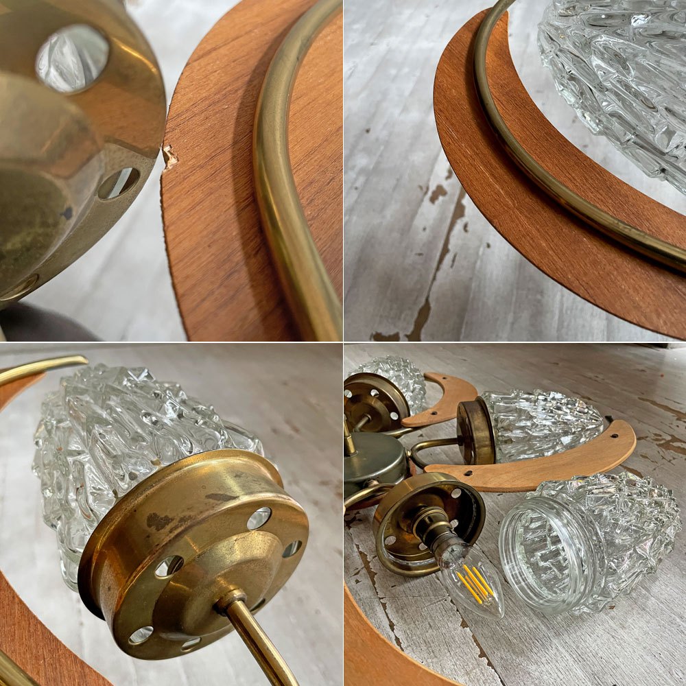 UKビンテージ UK Vintage 5灯 ペンダントライト ガラスシェード チーク材 60~70年代 ミッドセンチュリーデザイン 北欧スタイル 要電気工事 ♪