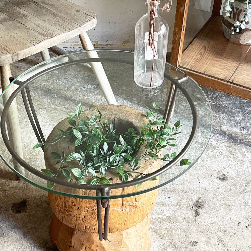 ビンテージ vintage ラウンド サイドテーブル ローテーブル 古材×ガラス×アイアン 天然木 菊池 由見子 プリミティブ ■