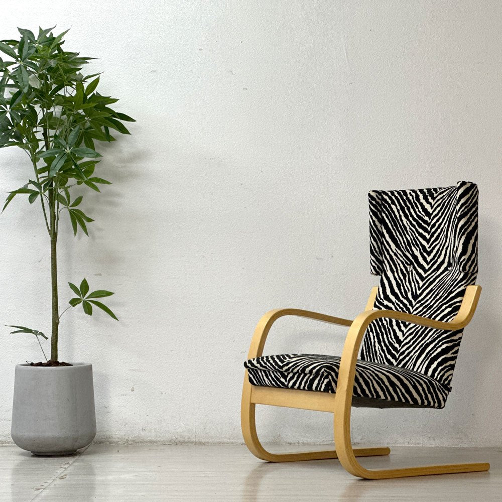 アルテック artek 401 アームチェア イージーチェア ラウンジチェア カンチレバー バーチ材 ラメラ曲げ木 ゼブラ柄生地 アルヴァ・アアルト 北欧家具 ●