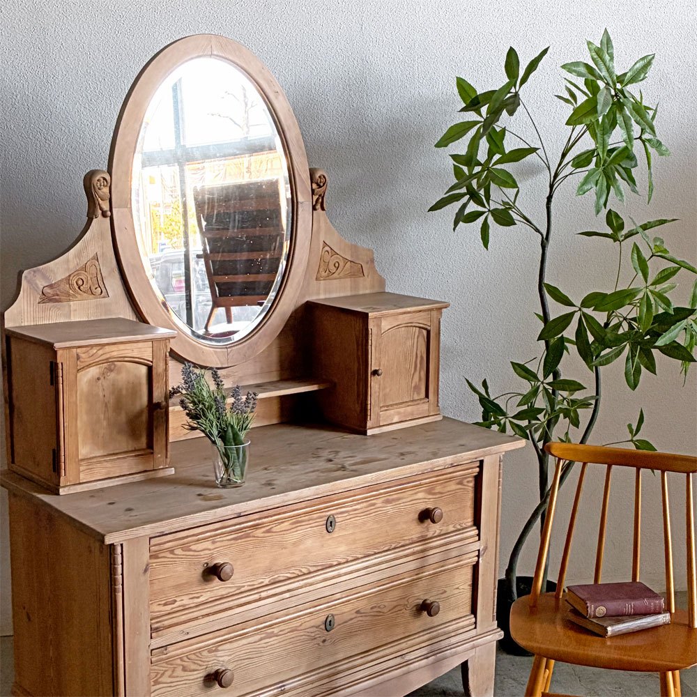 デンマークビンテージ Danish Vintage ドレッシングチェスト ドレッサー 鏡台 パイン材 扉収納 2ドロワー W119cm カントリースタイル 北欧家具 鍵欠品 〓