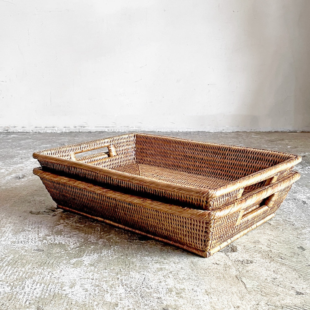 バオルジィ Baolgi ラタンバスケット スクエア トレイ 取っ手付き ハンドメイド フランス B ■