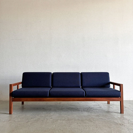 ジャクソンファニチャー Jackson Furniture チーク材 3シーターソファ 3人掛け W207cm ファブリック ネイビー系 座面ウレタン交換&カバー張替済 USビンテージ 〓