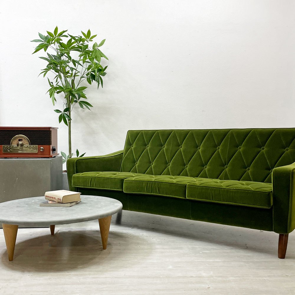 カリモク60 karimoku60 ロビーチェア モケットグリーン 3Pソファ レトロモダン ミッドセンチュリー 定価¥165,000- ●