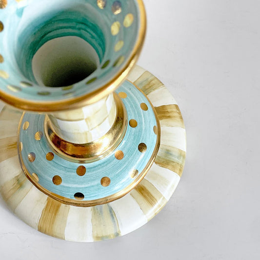 マッケンジーチャイルド Mackenzie-Child コートリーチェック柄 キャンドルホルダー Candlestick 金彩 陶器 アメリカ B ■