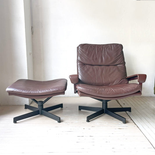 シュトレッセル Strassle ビンテージ キングチェア King chair + キングフットスツール King footstool レザー イージーチェア ブラウン スイス ★