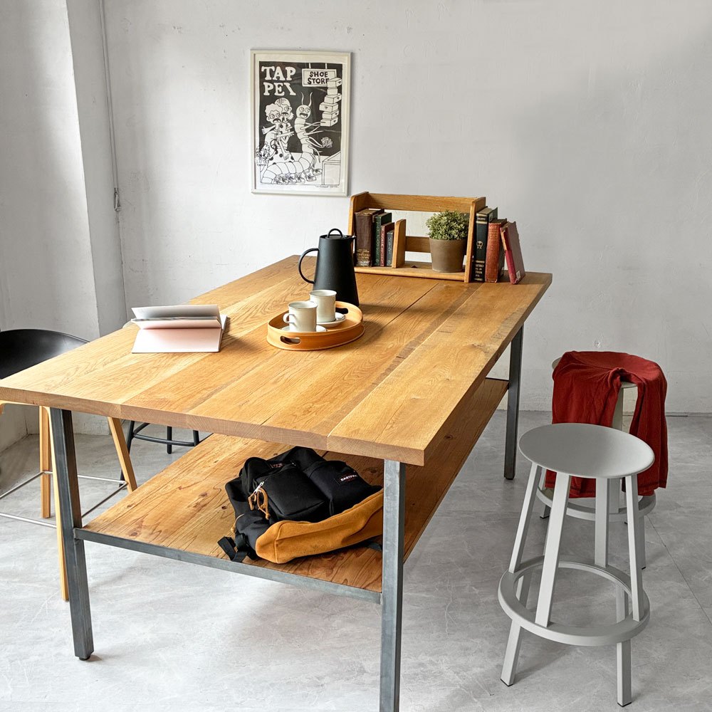 スクエアファニチャー SQUARE FURNITURE オーク 無垢材 ワーキングテーブル 作業台 アトリエテーブル W180cm アジャスター シェルフ付き インダストリアル 店舗什器 ★