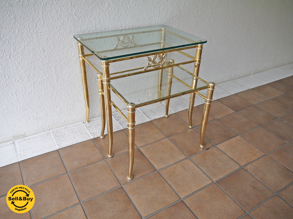 イタリアン クラシック ゴールドフレーム ガラス ネストテーブル 2点セット サイドテーブル エレガント 新着商品 買い取りしました