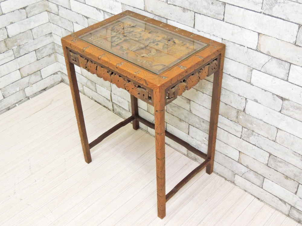 アジアンスタイル Asian Style 木彫りのサイドテーブル ガラス天板 
