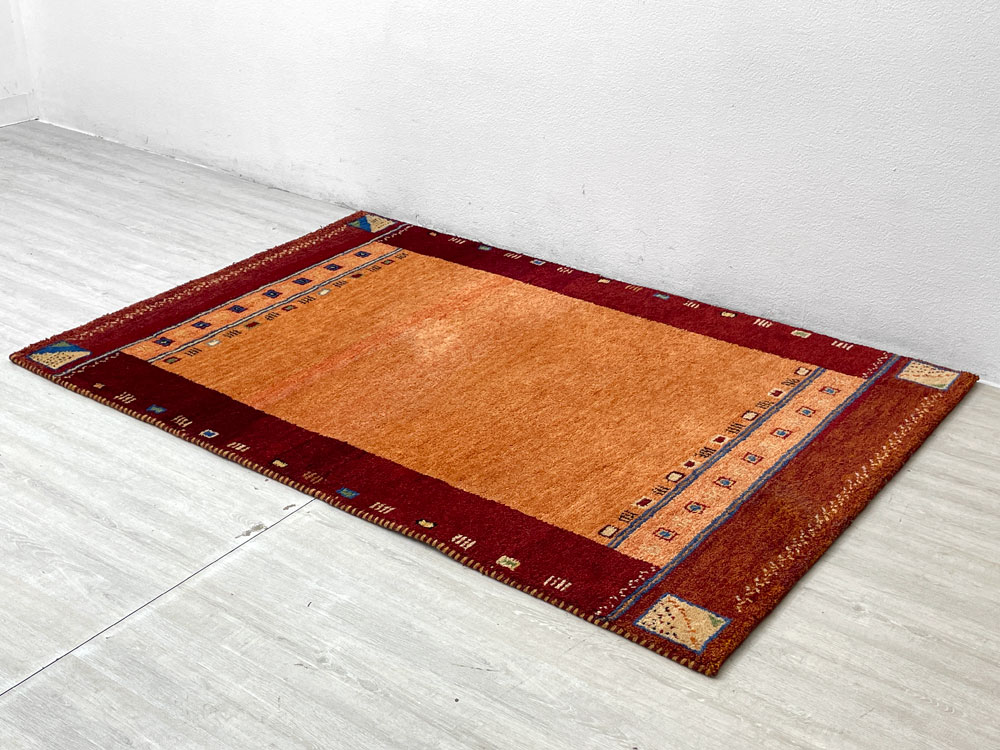 イラン製 ギャッベ ラグ 絨毯 手織り ウール100％ レッド×オレンジ系