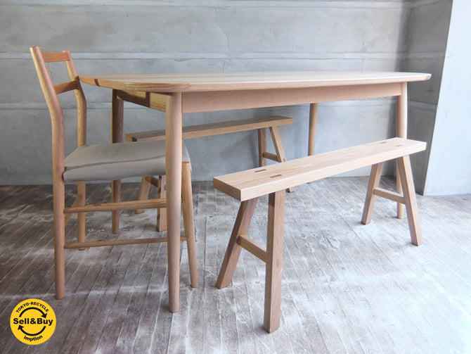 無印良品 MUJI オーク材  ダイニングテーブル 丸脚・ベンチ 大サイズ ・軽量チェア カバーリング ～大人気商品　4点まとめご紹介～ 【 買取と販売とレンタルのお店 】