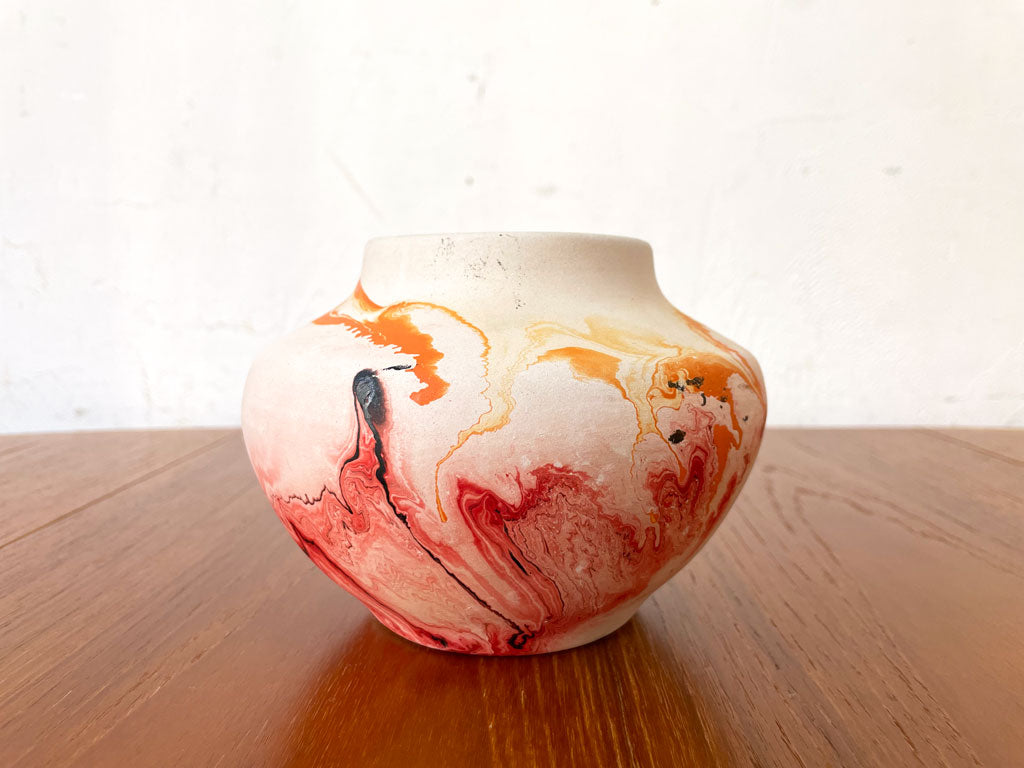 ネマジ ポッタリー Nemadji Pottery フラワーベース 釉薬コーティング マーブル模様 オレンジ ビンテージ 中古品 買い取りしました。