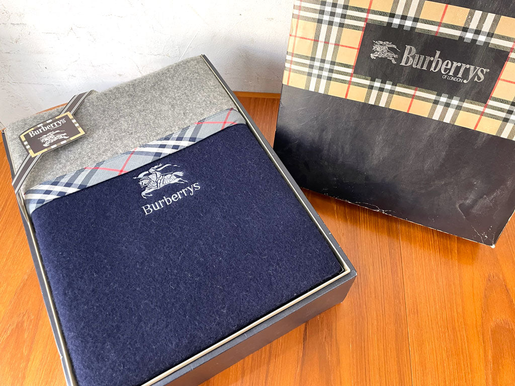 バーバリー Burberrys トラディション ウール100% ブランケット 毛布 ホースロゴ 日本製 ネイビー×グレー 未使用品 中古品 買い取りしました。