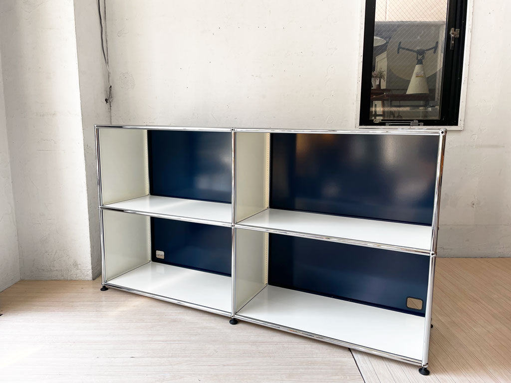 ユーエスエムハラー USM Haller モジュラーファニチャー キャビネットシェルフ ケーブルカットアウト×2 2列2段 ホワイト×スティールブルー アソートカラー 中古品 買い取りしました。