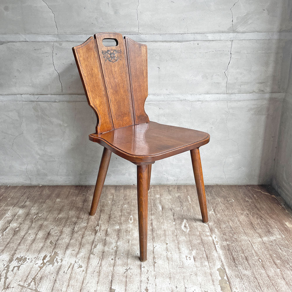 オールドカリモク Karimoku ルスティック RUSTIC ダイニングチェア 板座 紋章 エンブレム レトロ ヴィンテージ 木製 中古品 買い取りしました。